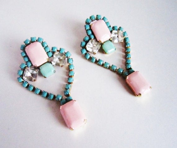 OOAK Vintage 1950s One Of A Kind  Hand Painted Pale Pink Turquoise and Mint Rhinestone Earrings