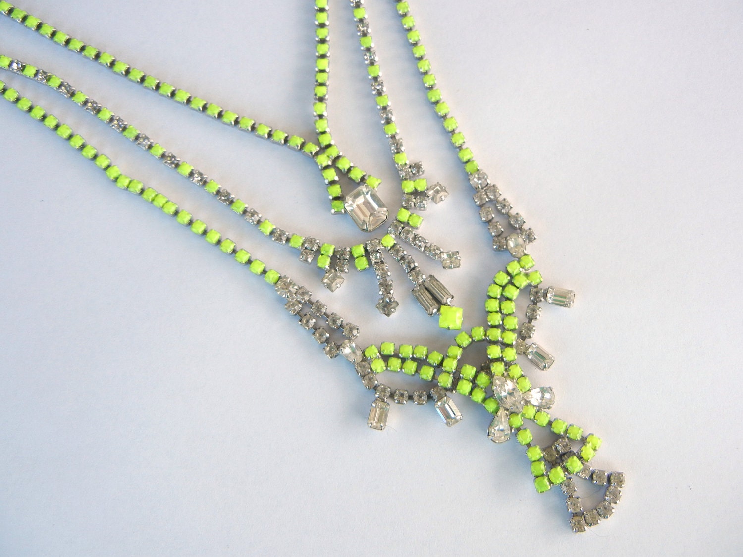 Vintage 1950s One Of A Kind Hand Painted 3 Strand Bold Neon Yellow Rhinestone Necklace - Made To Order