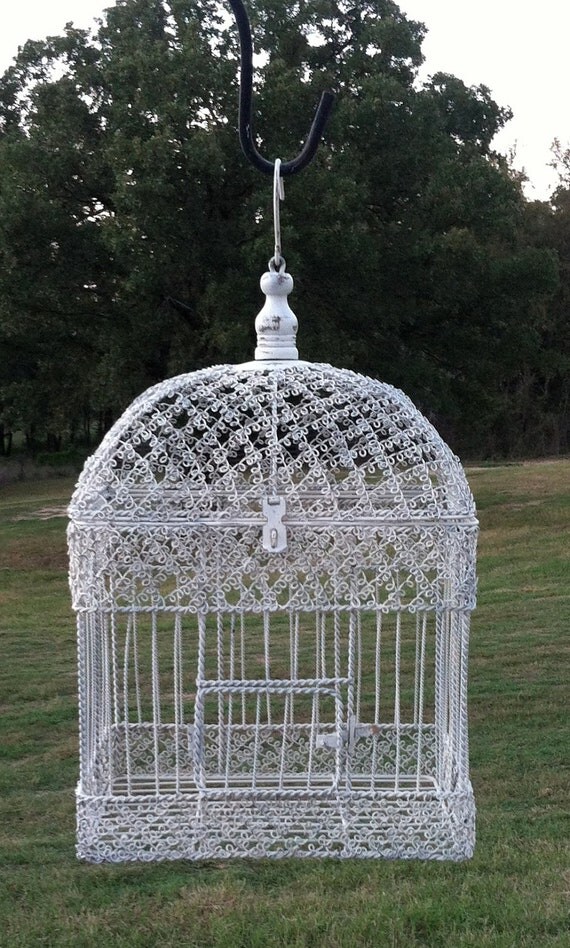 Large French Wire Bird Cage / White Hanging by ReFeatherYourNest