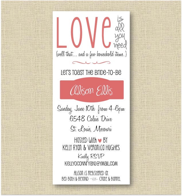 Bridal Shower Invite - All you need is love. Well that and a few household items - 3.75x8.5 letter size PDF - DIY :)