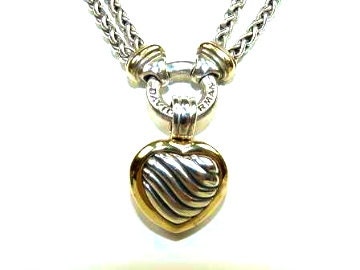 David Yurman  Double Wheat Chain 18k & Sterling Silver Cable Heart Locket.