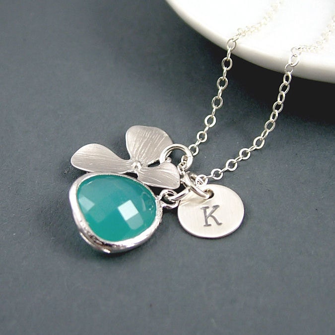 Personalized Orchid Necklace, Aqua Green Glass, Custom Initial, Sterling Silver, Initial Jewelry