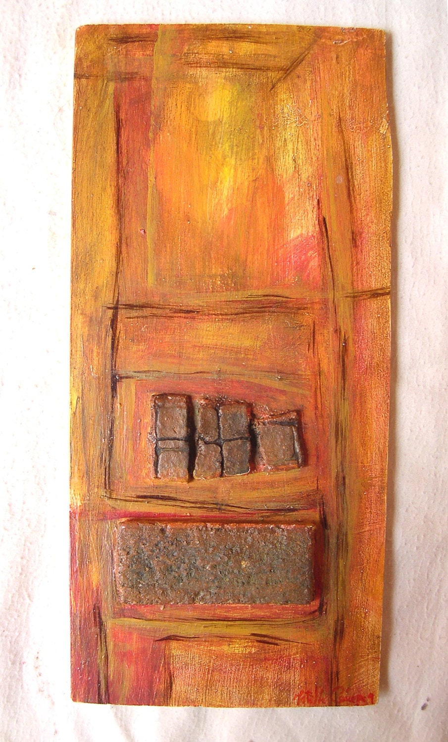 Original Abstract Painting. Modern wall art. Assemblage art. Contemporary. Wood, Stoneware  clay. Mixed media. Acrylic. 12.2 X26.5 X0.5.cm.