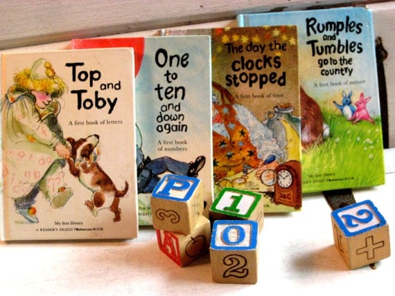 Vintage children's books, set of four, Reader's Digest, My First Library letters, numbers, time and nature books, 4 x 6 inch, 1980