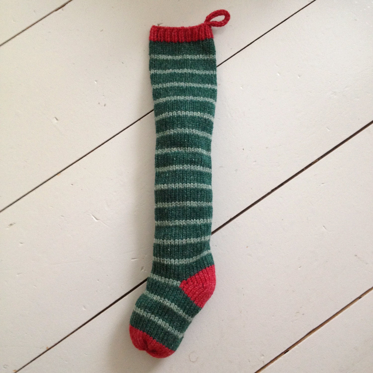 Handknit Christmas Stocking Green Fairytale Stripes