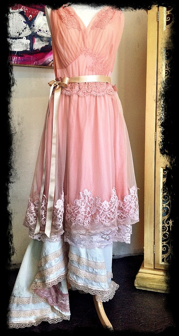 reserved for carla blush nude & ivory chiffon tulle vintage lace fishtail gown medium by mermaid miss k