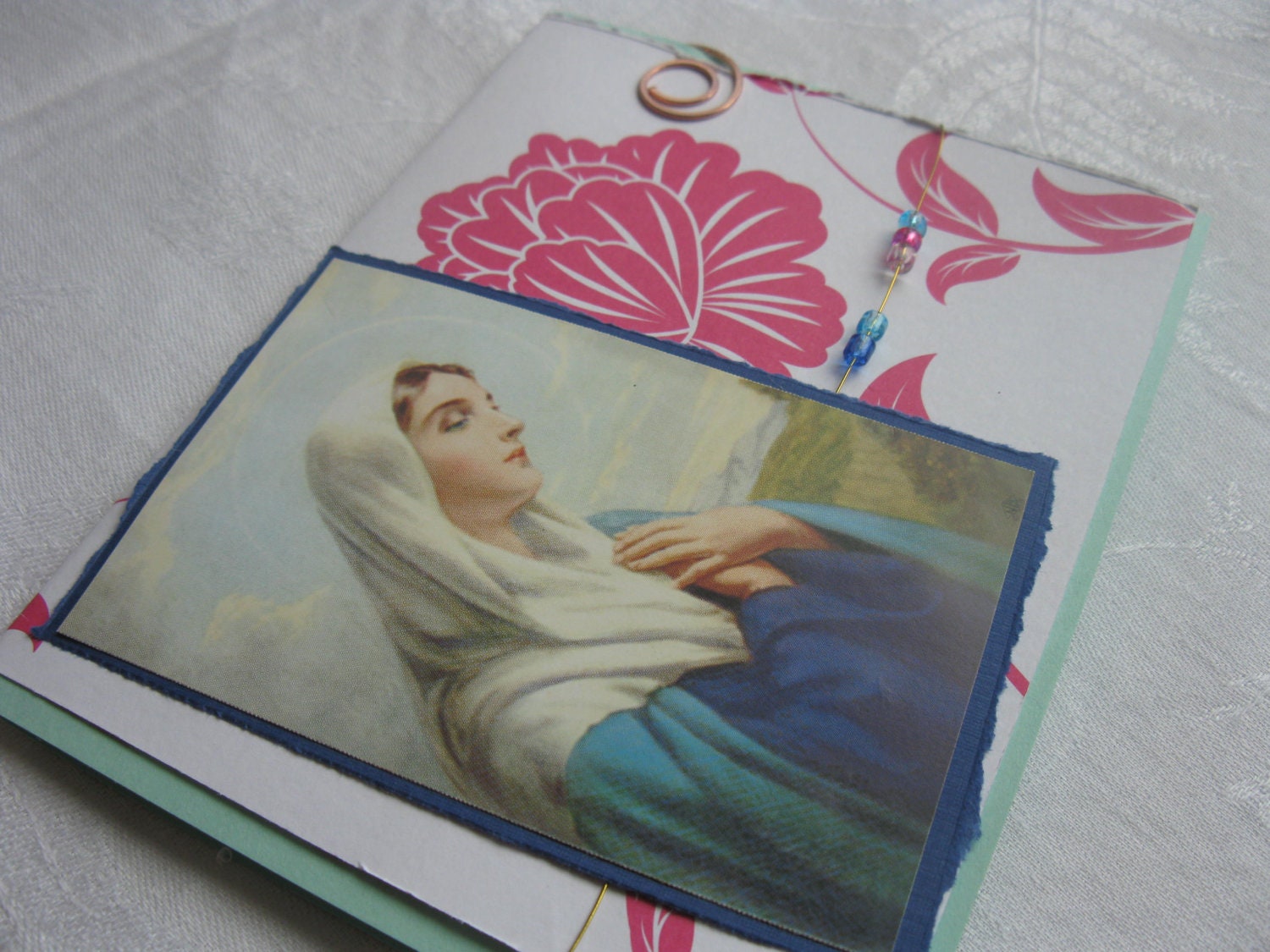 Catholic Madonna Handmade Greeting Card Pink and Blue with Beads