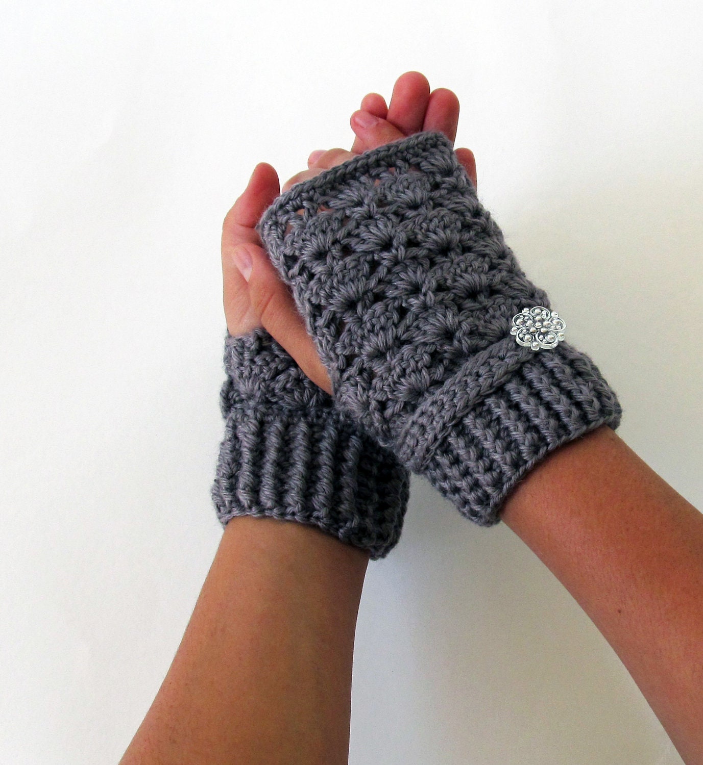 Gray Crochet Fingerless Gloves, Eco Friendly Yarn