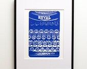 A handmade, classic  blue, monotone, Royal typewriter, screen print, matted in an 11x14 white or black matte.