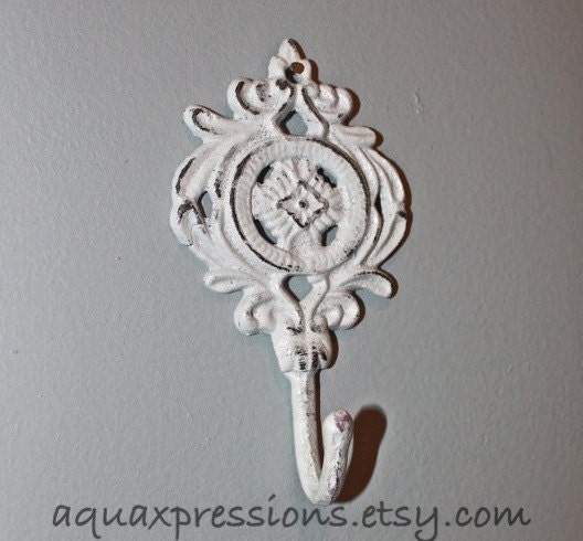 Wall Hook /White Shabby Chic Decor /Painted Ornate Hanger /Metal Key Holder /Bathroom Fixture /Bedroom /Mud Room Rack /Nursery
