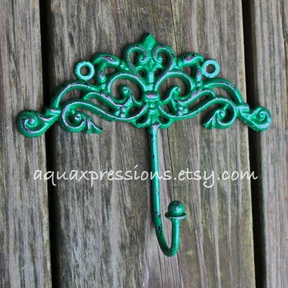 Metal Wall Hooks /Bright Green /Painted Shabby Chic Decor /Painted Ornate Hanger /Distressed Bathroom Fixture /Bedroom /Nursery