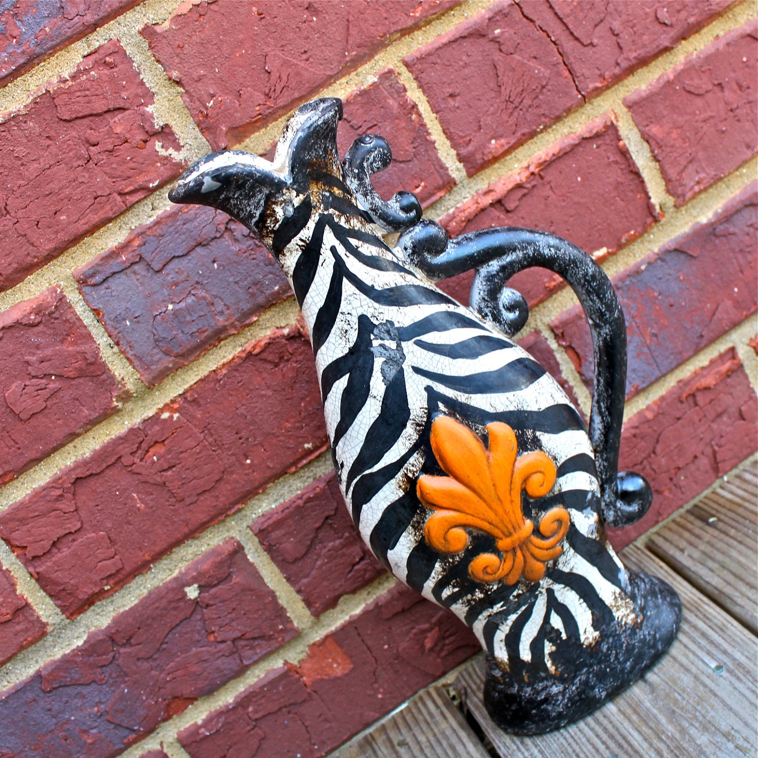 Vase /Zebra Print /Accented Bright Orange /Fleur de Lis /Shabby Chic /Home Decor /Upcycled /Painted Vases