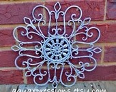 Metal Wall Fixture /Lilac Purple /Distressed Patio Decor /Painted Bright /Outdoor Up Cycled Iron Art /Ornate Flower Design