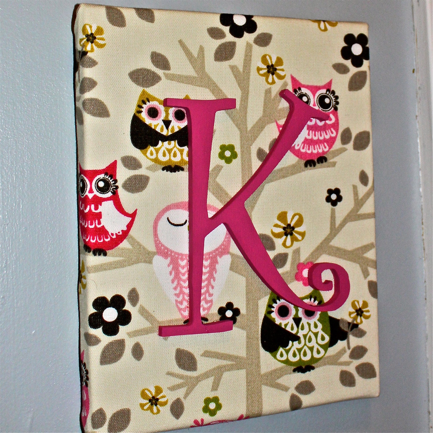 11 x 14 Initial Canvas Art/ Whimsy Owl Design/ Letter /Artwork/ Nursery Decor/ Wedding, Birthday Gift