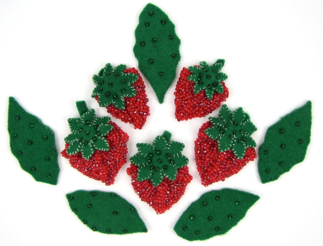 Vintage Beaded Strawberry Appliques, 5 Berries, 5 Leaves, Felt with Red and Green Glass Seed Beads, Hand Sewn, Unusual