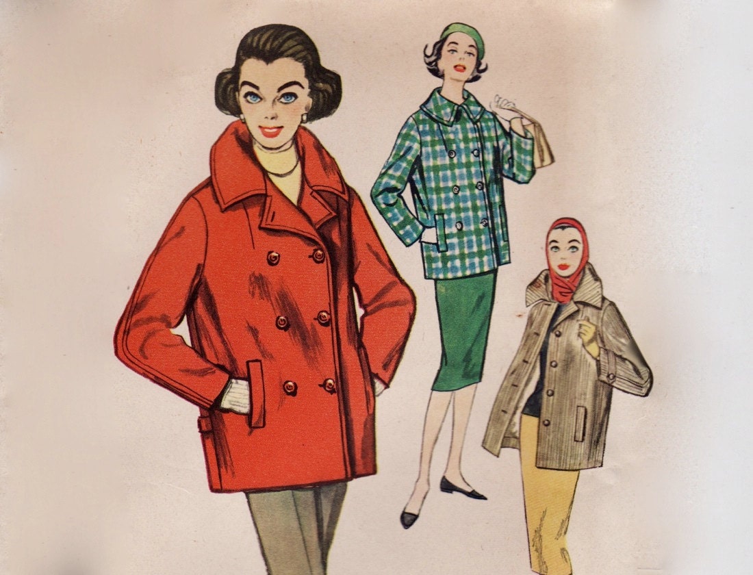 Vintage 1950s Sewing Pattern - Ladies Short Winter "Car Coat," Single or Double Breasted - 1958 Simplicity 2638, Bust 36, Uncut