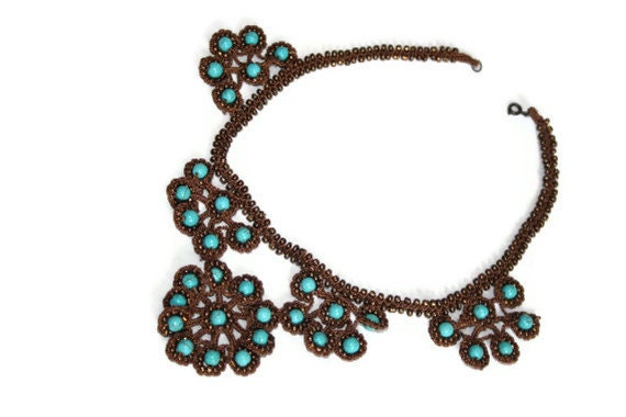 Jewelry  Necklace,  Crochet Necklace, Turquoise And  Brown Necklace,  Flowers   Necklace,  Beadwork ,Crochet Jewelry, Mother's day