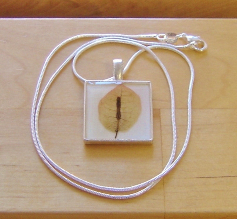 Pressed leaf Jewelry Resin Pendant Necklace 18" Silver Plated Chain.