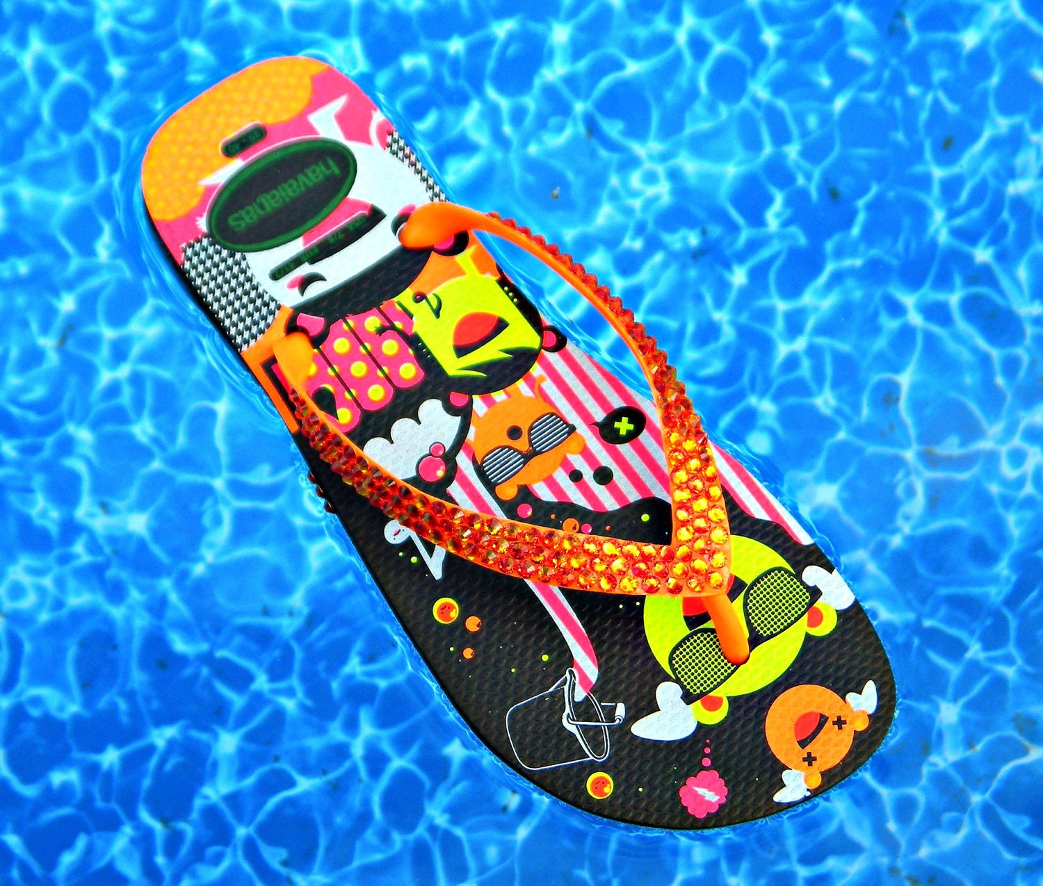 Glass Slippers Swarovski Crystal Havaianas FUN Neon Orange Black Flip Flops Women Beach Thong Shoe