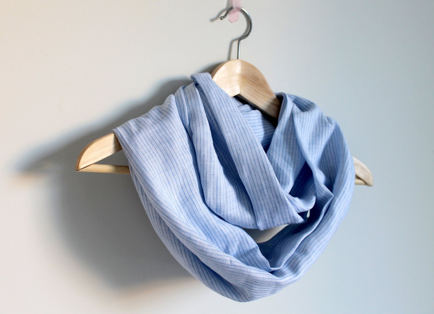 Linen infinity scarf, sky blue and white stripes, linen scarf