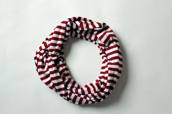 Infinity scarf, red and white stripes, circle scarf, loop scarf