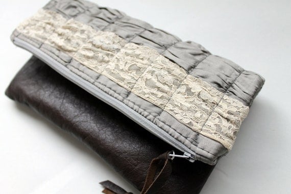 Fold over clutch, clutch purse, silk, vintage leather and lace
