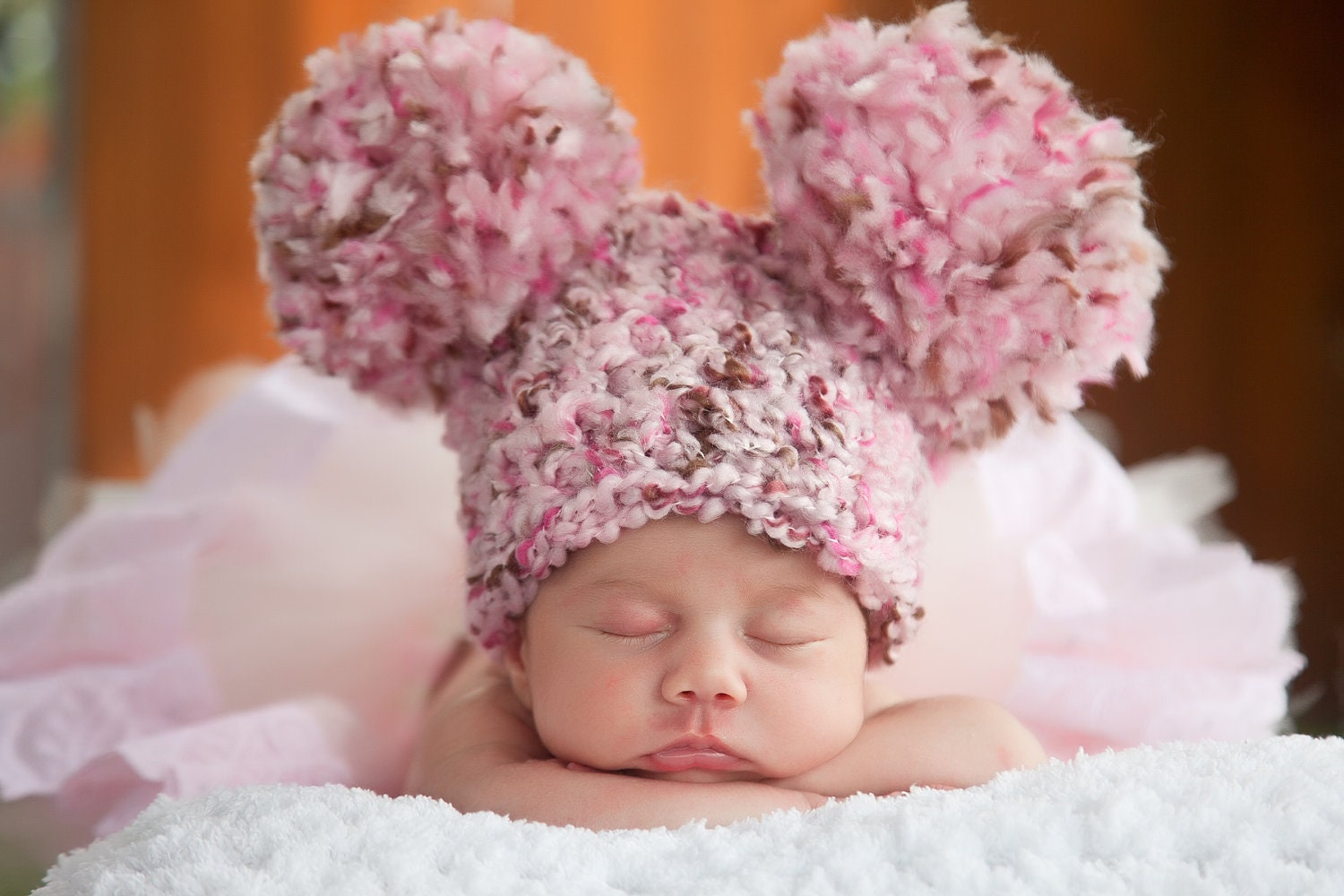 Baby Hat, Preemie or Newborn Baby Girl Soft Chunky Crochet Pom Pom Mouse Ear Animal Hat - Neapolitan Pink, Brown - Photography Prop Hat