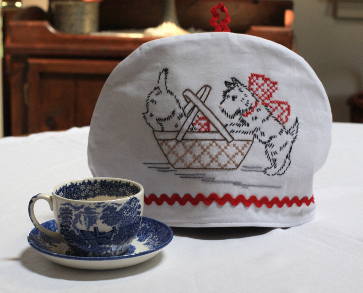 Hand Embroidered Tea Cozy Scottish Terriers 1940's -Ready to Ship