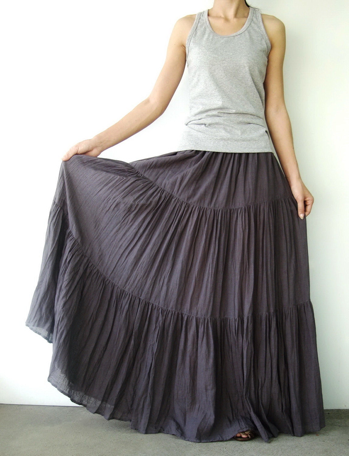 NO.5 Grey Cotton, Hippie Gypsy Boho Tiered Long Peasant Skirt