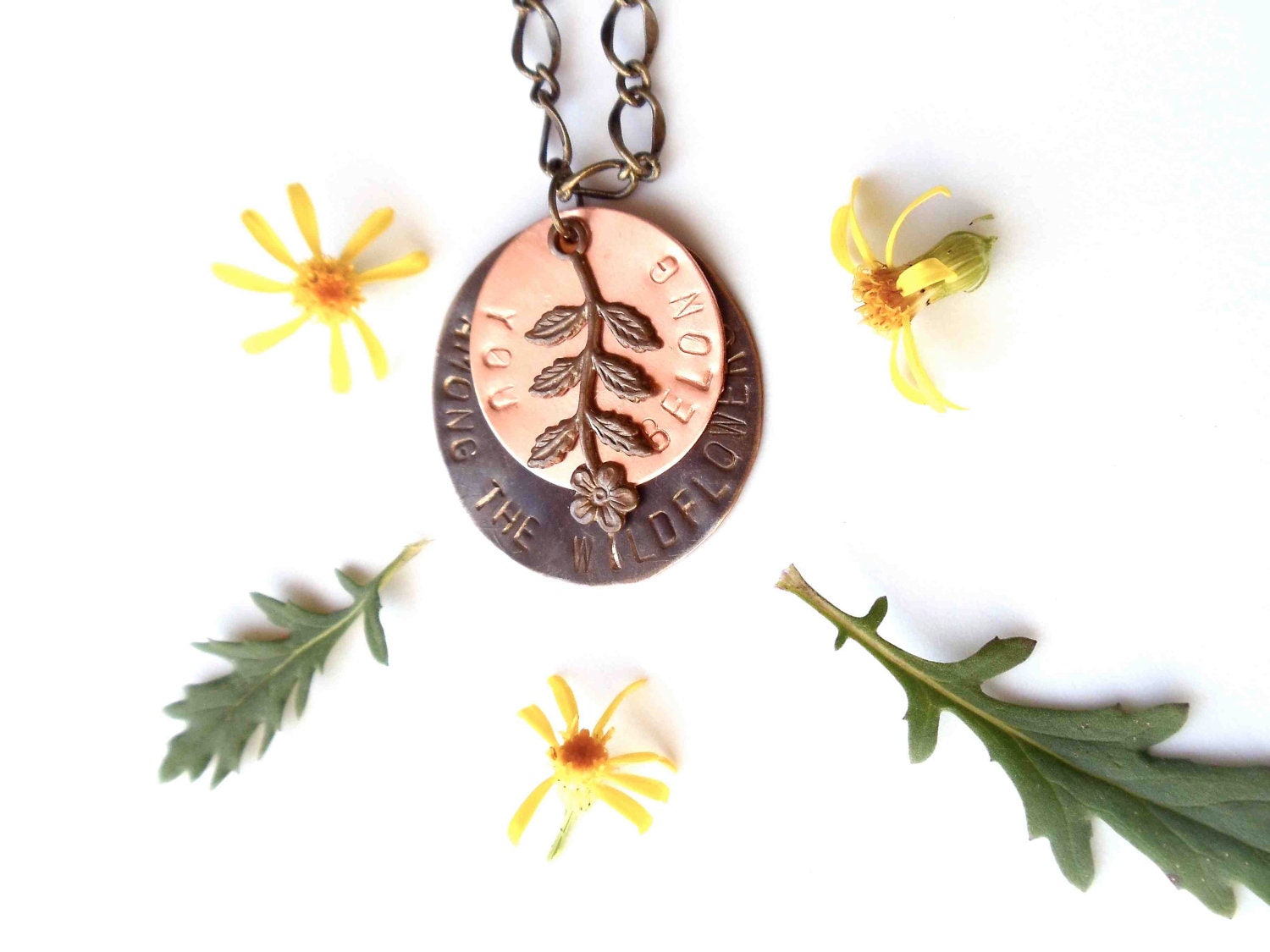 wildflowers necklace // hand stamped jewelry // copper and brass