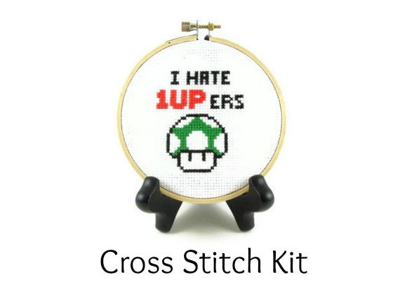 Mario Bros Mushroom - I Hate 1UPers Cross Stitch KIT