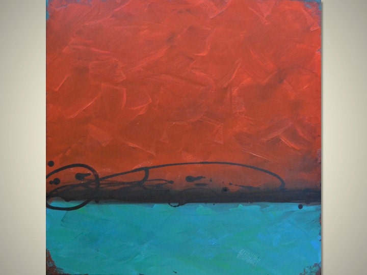 Original Large Urban Abstract Contemporary Modern Painting Canvas Acrylic Art - Rust Red, Turquoise - Big 24 x 24