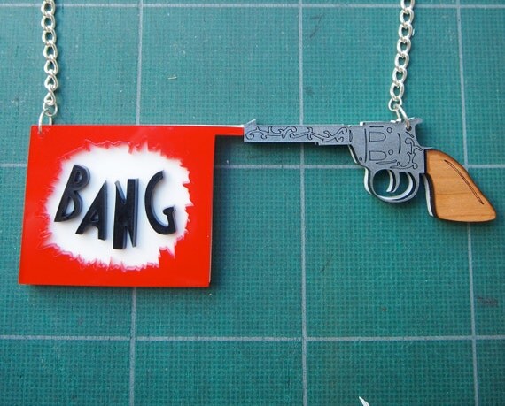 Toy Gun Necklace 'BANG' designed by Florrie Thomas, Acrylic and Wood Jewellery.