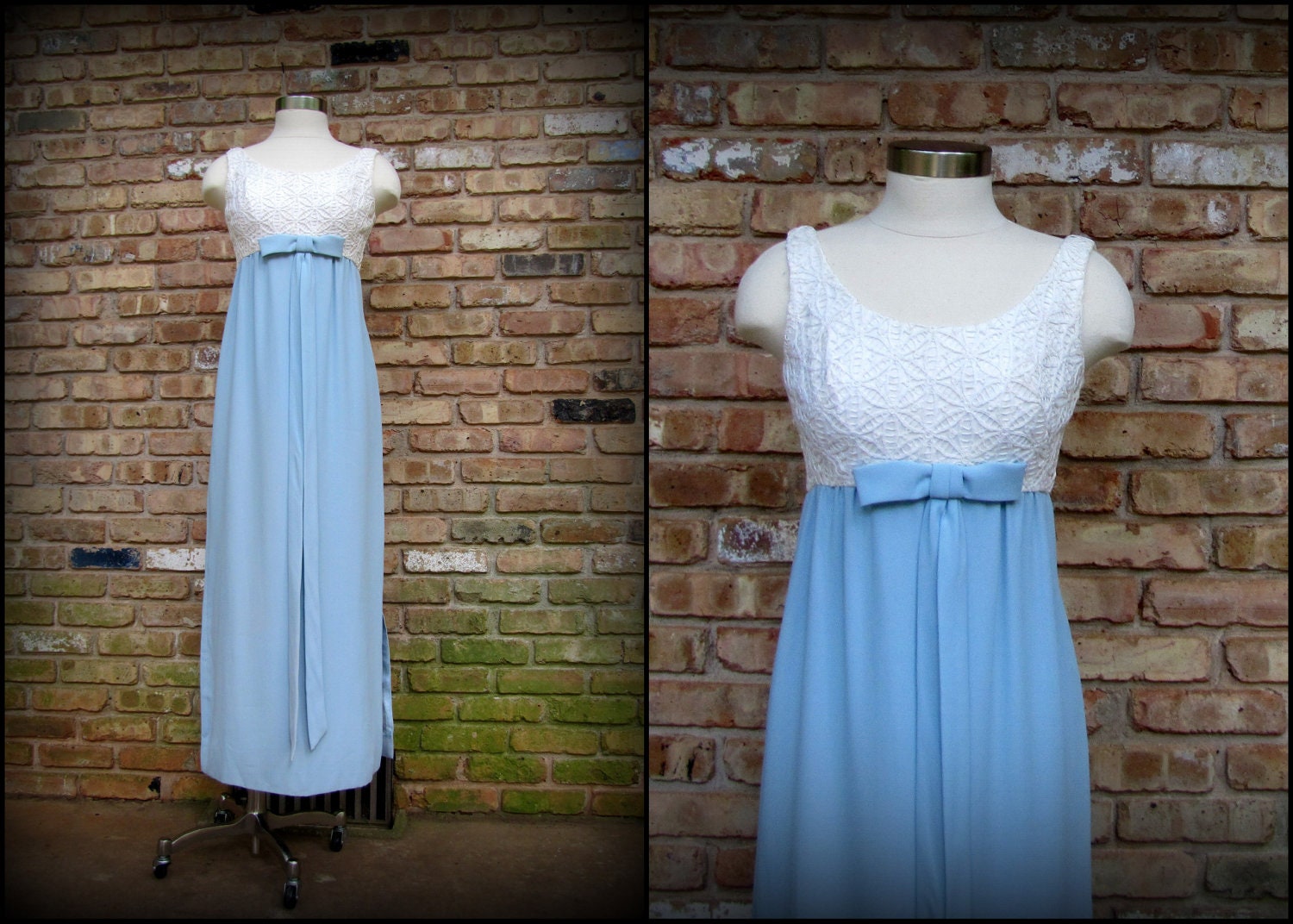 Vintage Formal Dress / Battenburg Lace & Blue Crepe Gown / 1960s / Small
