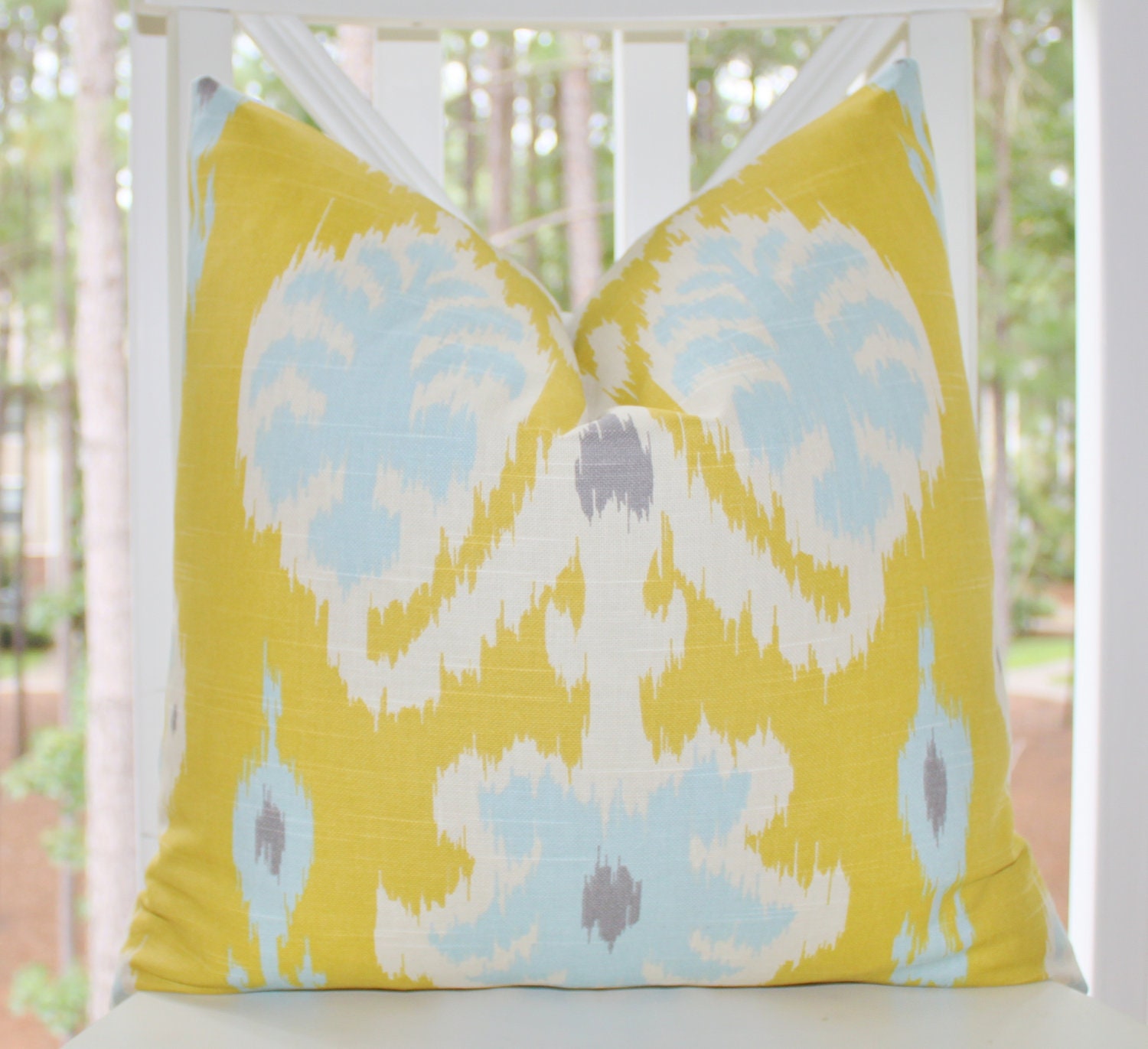 Decorative Designer Pillow - Citron Light Blue Gray Ikat Pillow 22 x 22 -  Yellow Grey Ikat Throw Pillow