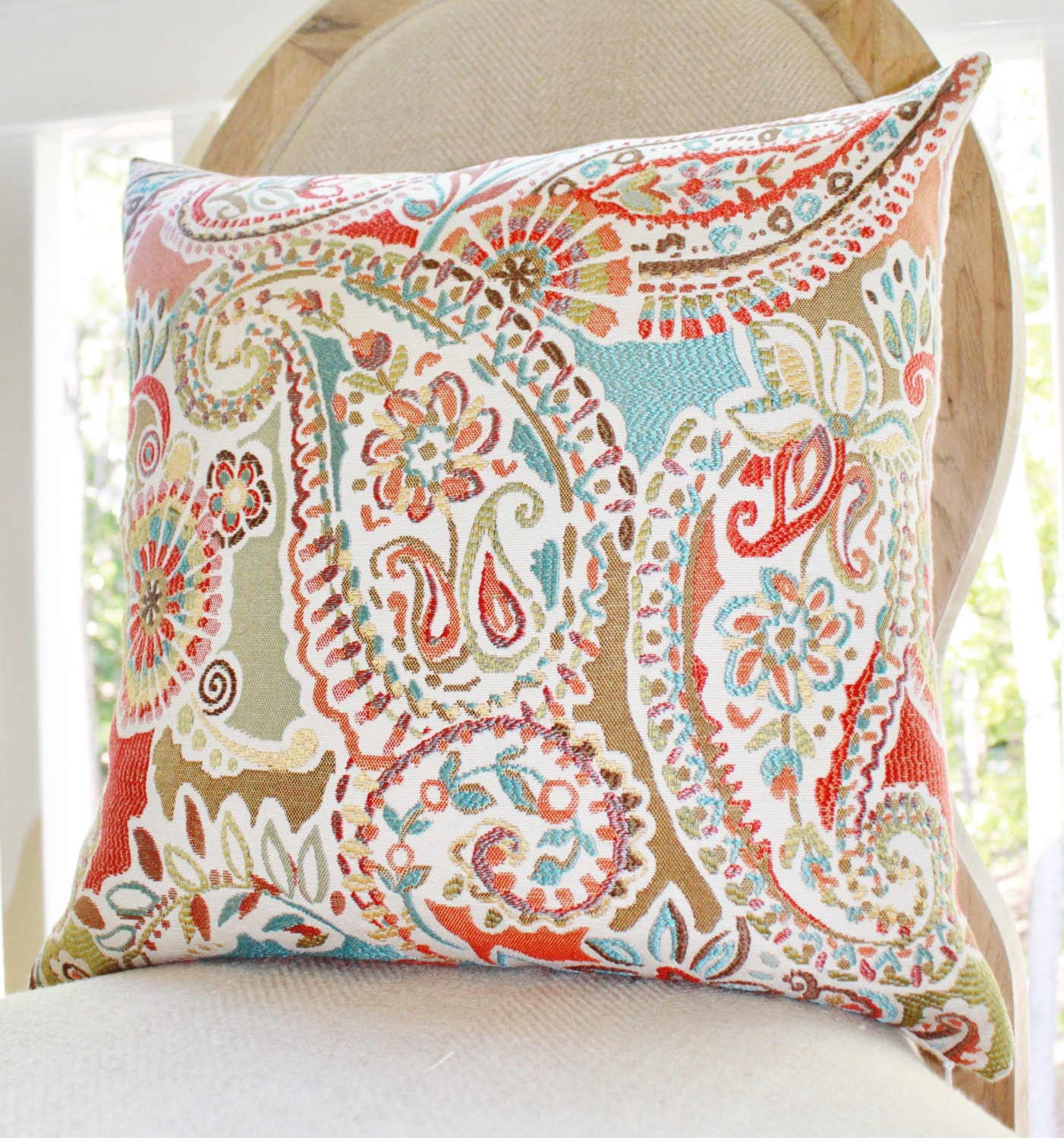 Moroccan Turquoise Orange Coral Pillow - Red Aqua Turquoise Paisley Floral Designer Pillow - Decorative Geometric Throw Pillow