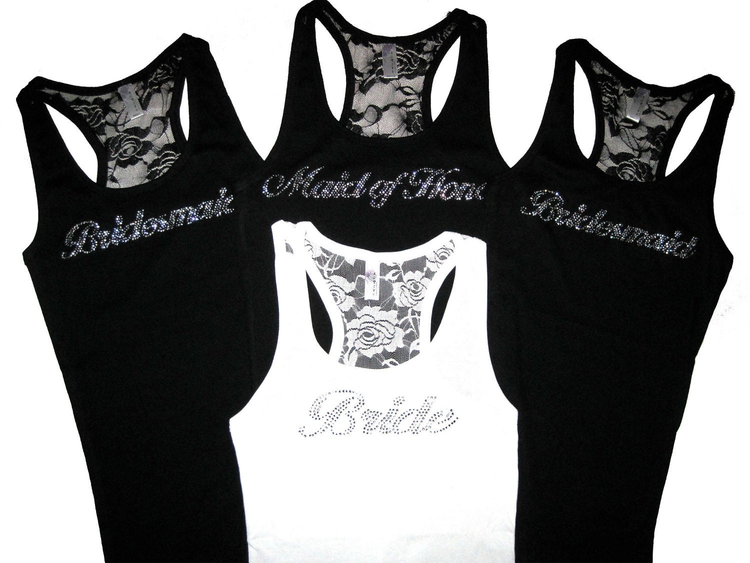 8 Rhinestone Bridesmaid Tank Top Shirts. Bride Tank Top Shirt. Lace Tank Top. Bridesmaid. Maid of Honor. Matron of Honor. Wedding Clothes.