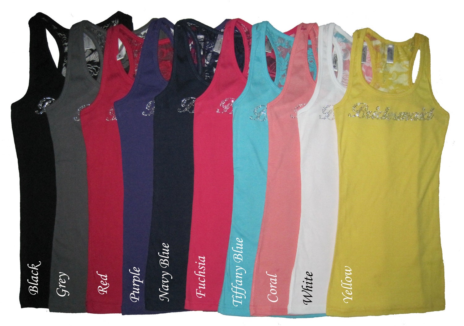 8 Rhinestone Bridesmaid Tank Top Shirts. Bride Tank Top Shirt. Lace Tank Top. Bridesmaid. Maid of Honor. Matron of Honor. Wedding Clothes.