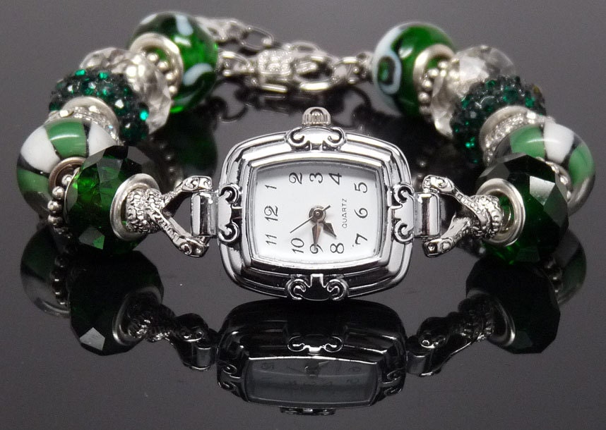 VIBRANT FOREST GREEN:  European Style Large Hole Bead Green and White Watch Bracelet Accessory Gift