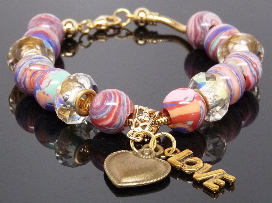 PINK PURPLE JASPER:  8" European Style Large Hole Beads Heart Love Bracelet Accessory Gift