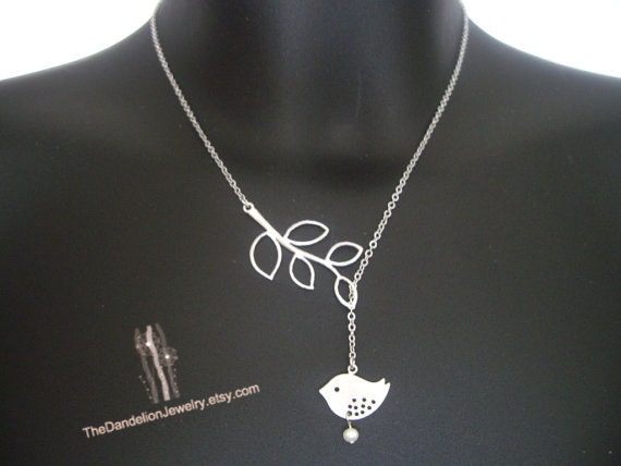 SALE, 10% OFF: Branch and bird lariat with freshwater pearl in white gold, Bird necklace, branch necklace, bird pendant
