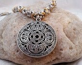 Pewter Dragon Shield Necklace -Silver and Gold Chainmail - Byzantine Weave - Unisex