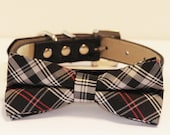 Dog Bow Tie -Cute Dog Bowtie- Plaid black and white dog bow tie- with high quality black leather collar