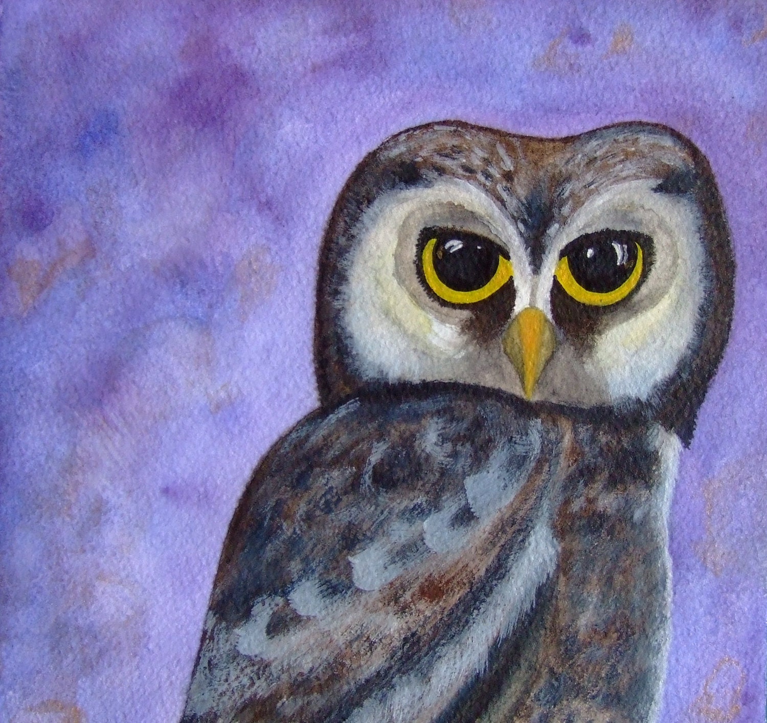 Owl Original Painting Watercolor Ink Bird Art Drawing Owlet Nature Animal Grey Purple Blue Decor Wall Art Contemporary Art Bird Owl - CelineArtGalerie