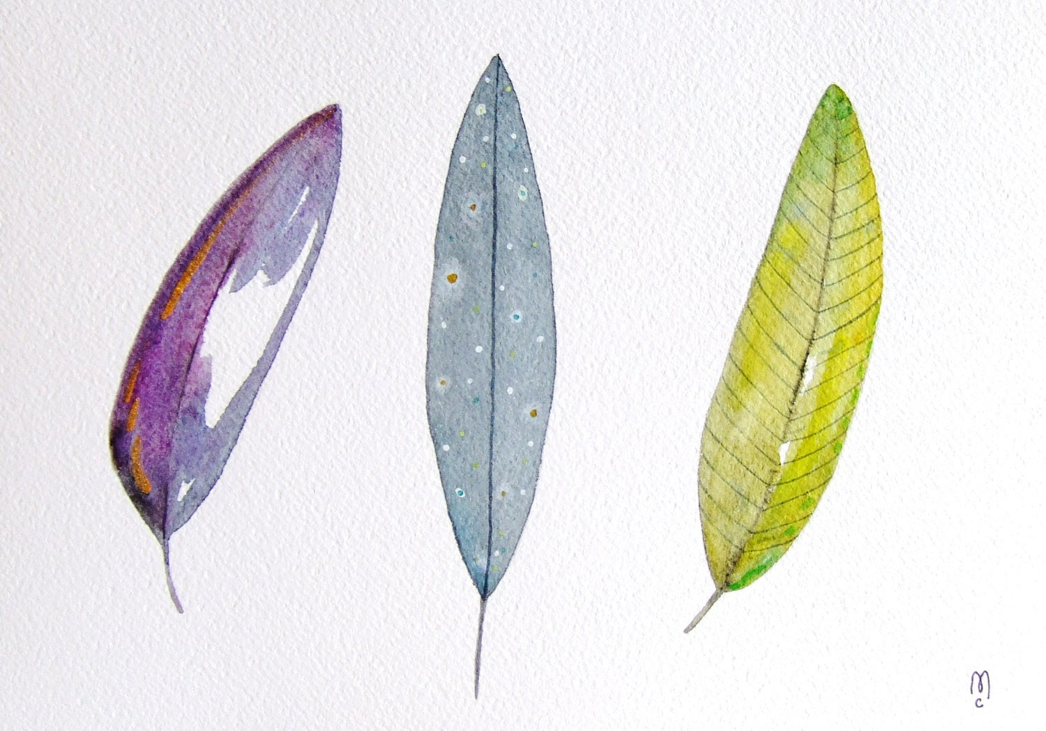 Feathers Watercolor Original Painting Ink Bird Nature Animal Drawing Contemporary Art Blue Yellow Purple Wall Art Feathers Art Still Life