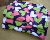 Three (3) Flannel Burp Cloths - Dark Purple with Pink, Green, and White Hearts - Quilted and Contoured - Baby Girl Shower Gift