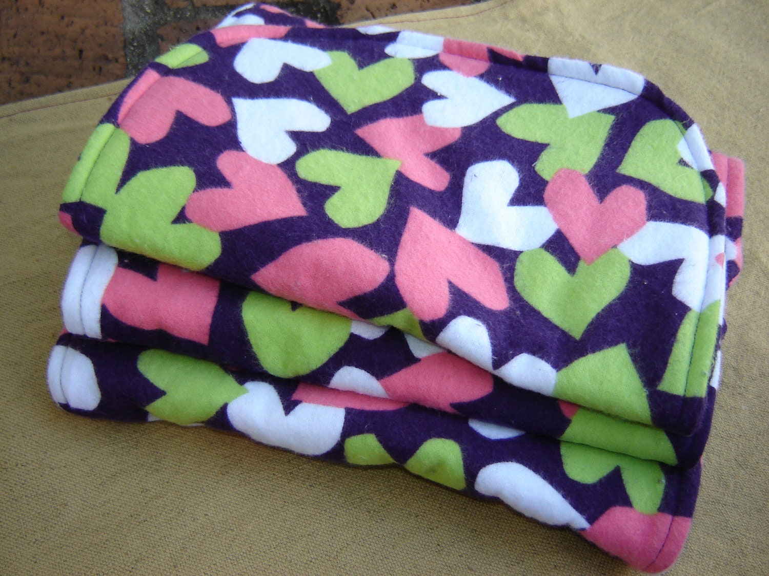 Three (3) Flannel Burp Cloths - Dark Purple with Pink, Green, and White Hearts - Quilted and Contoured - Baby Girl Shower Gift
