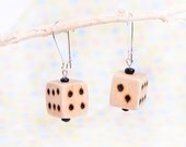 Lucky Dice Wooden Earrings - Minimalist Beige Dangle Earrings - Pyrography Wood Jewelry