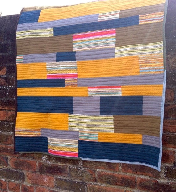Geometric Stripe Quilt in Mustard Grey and Petrol Blue, Lap Quilt