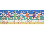 Running with Sisters - 8x24 Funny Beach Women Coastal Seashore Run Original Acrylic Painting Korpita ebsq